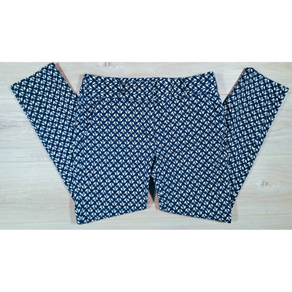 Ann Taylor LOFT Navy‎ Blue White Geometric Leaf Print Slim Ankle Pants 387271